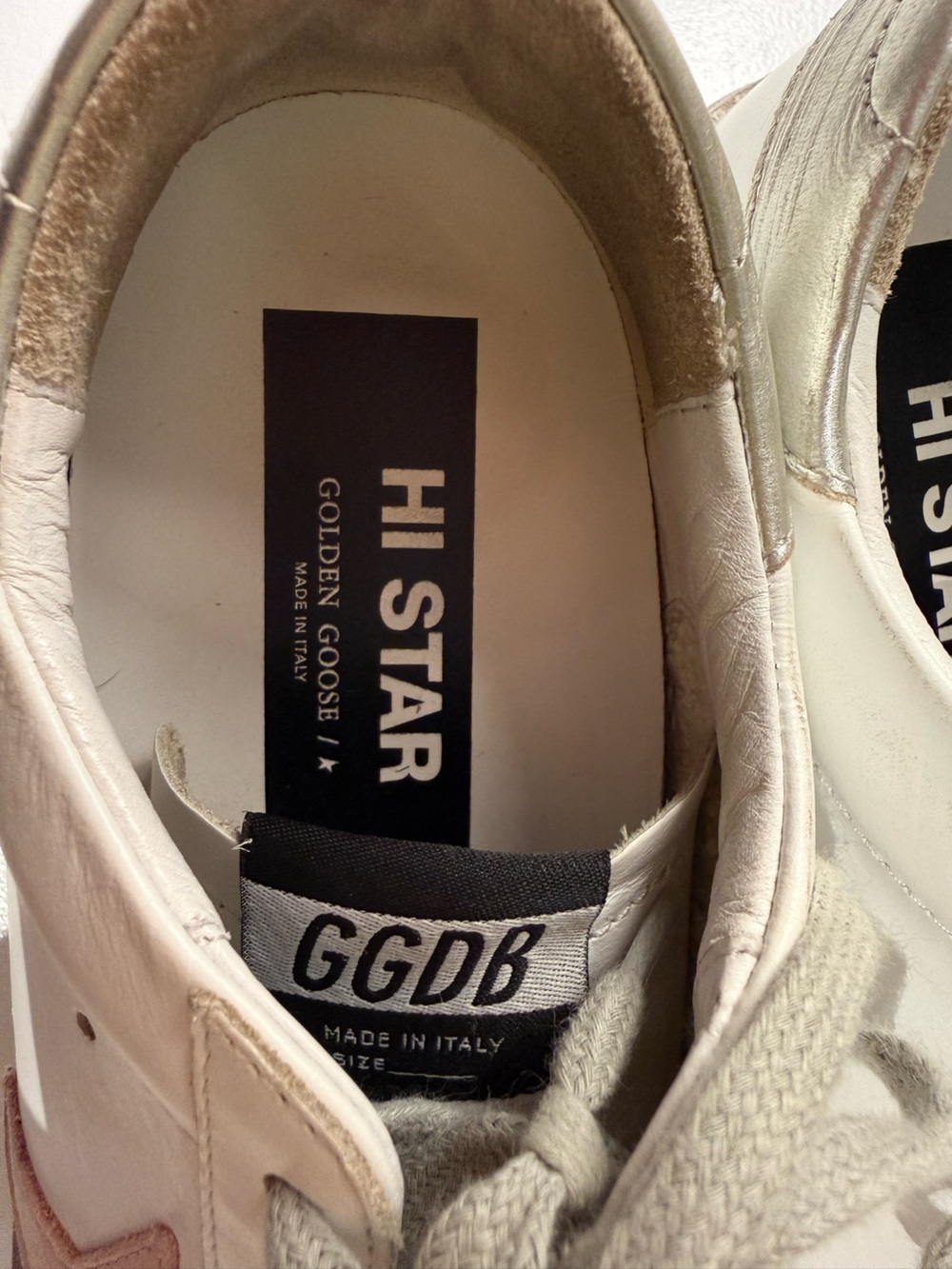 Golden Goose HI STAR White Leather Sneakers with Blush Star and Metallic Heel - Picture 8 of 16